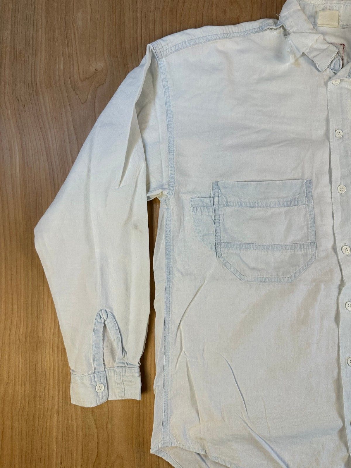 Vintage 90s Rescue Chambray button shirt small shredded summer workwear cotton