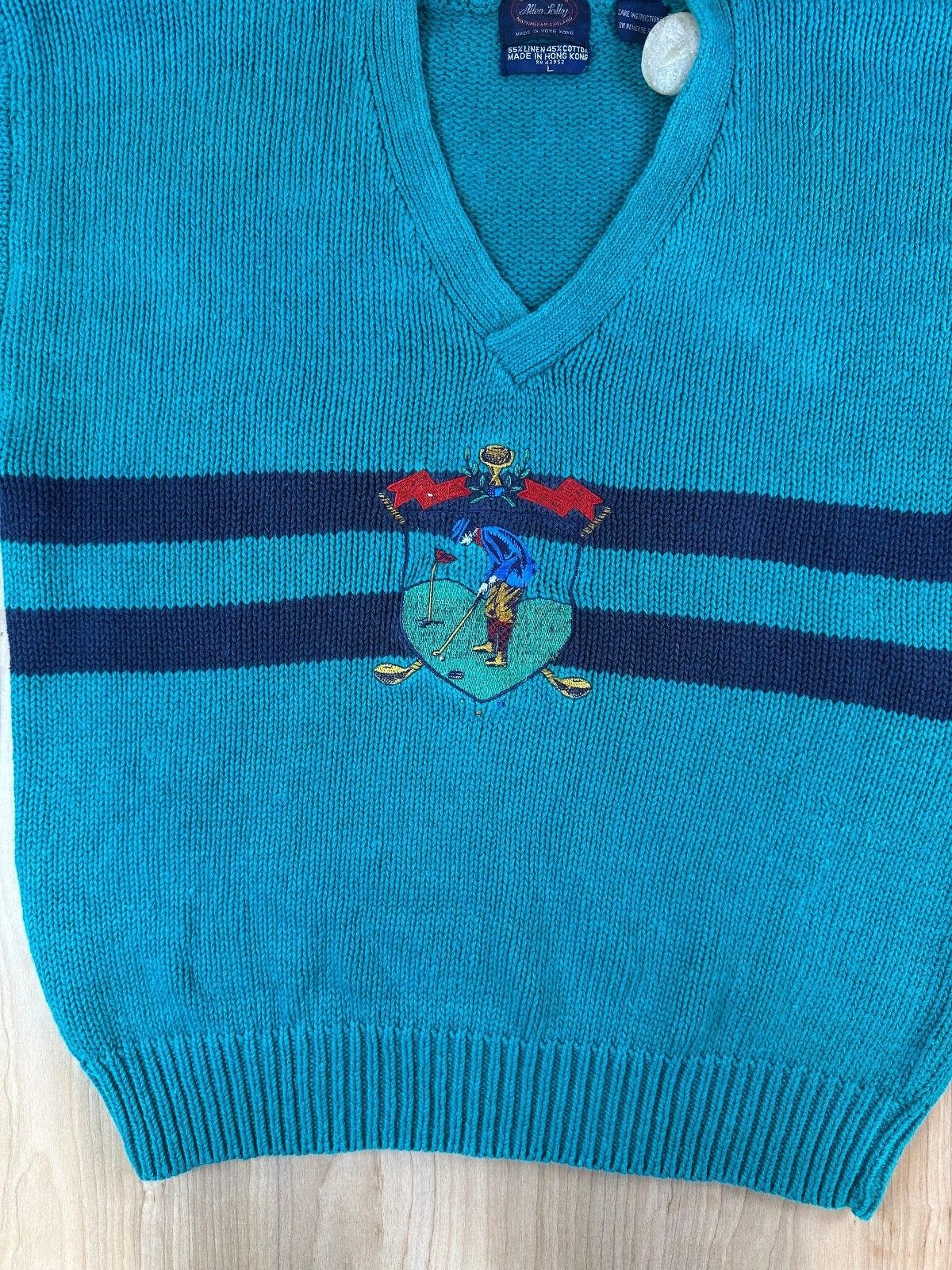 Vintage 80s Allen Solly Knit Sweater linen cotton golf embroidery vneck preppy