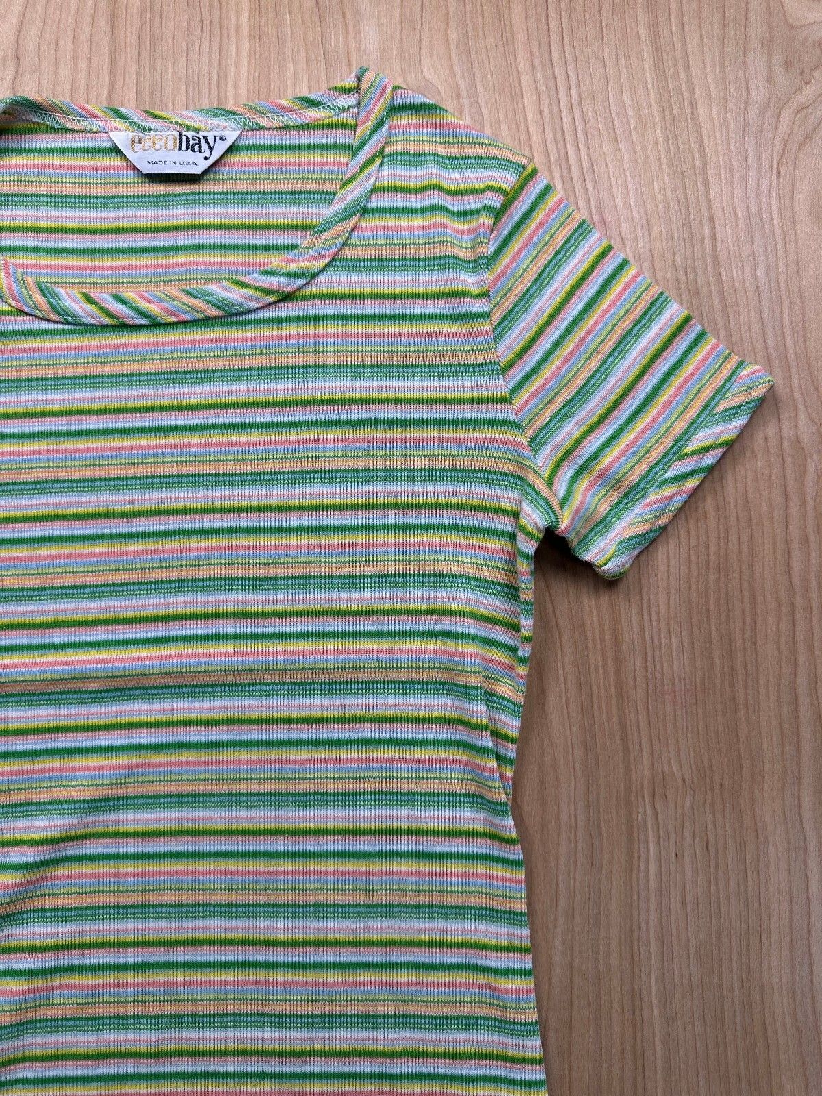 Vintage 70s EccoBay striped knit top ribbed medium cap sleeve baby tee summer