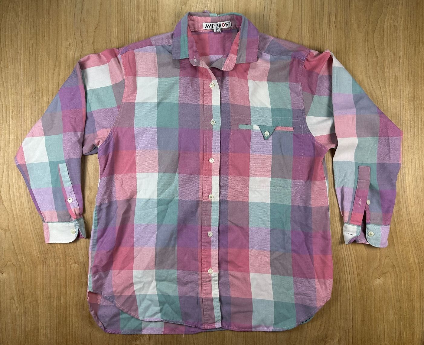 Vintage 80s Averroe button up shirt medium plaid pastel unique