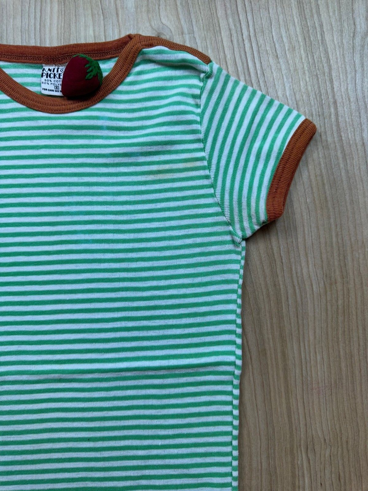 Vintage 70s Knit Pickers Striped Ribbed Knit top sm contrast binding cap sleeve