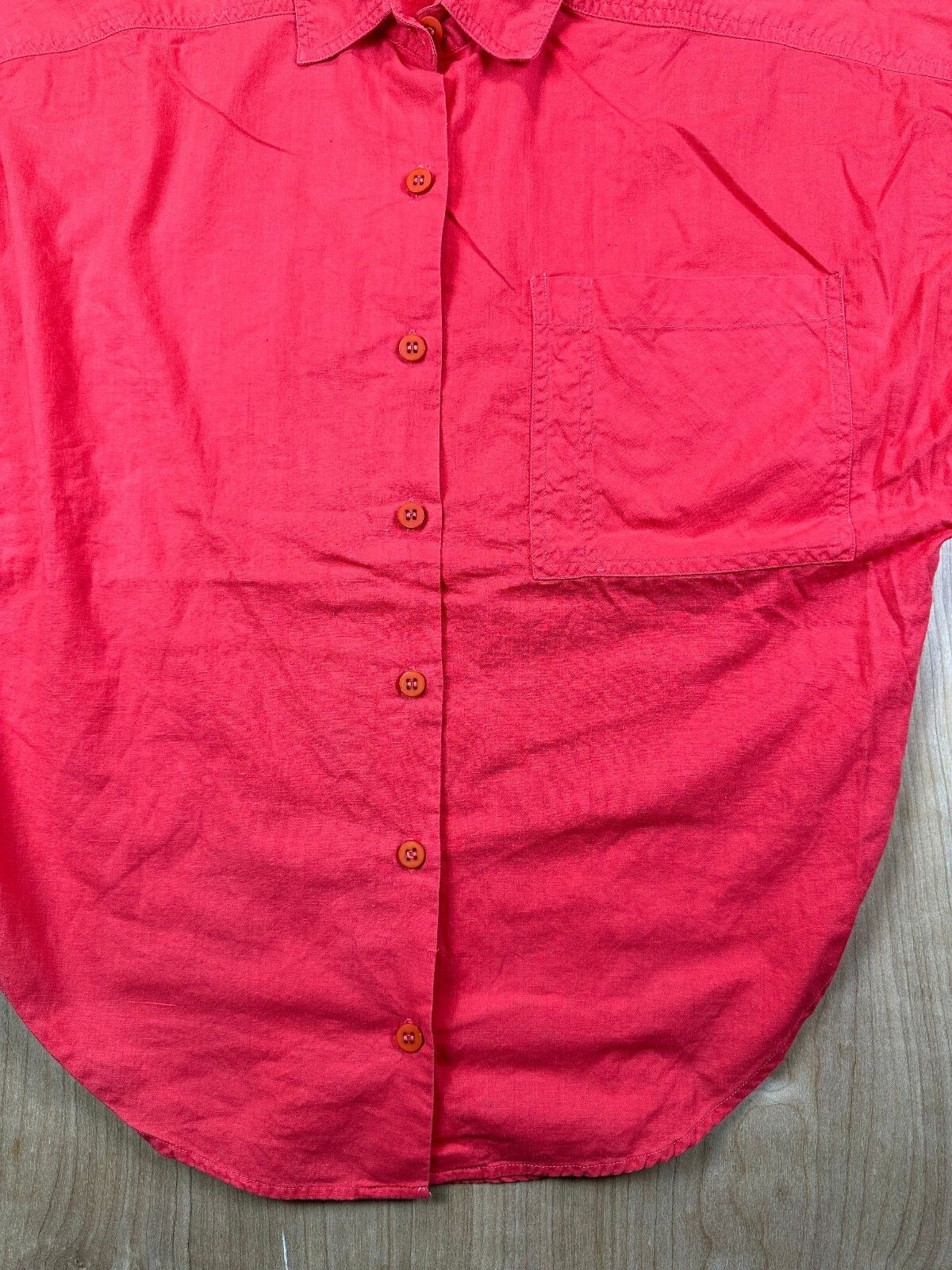 Vintage 80s Red Button up shirt pencil slot pocket curved hem 100% cotton bright