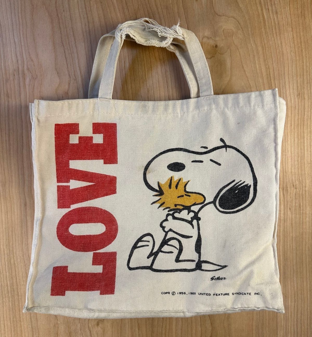 Vintage 70s Love Snoopy Canvas Tote Peanuts Woodstock shoulder bag 100% cotton