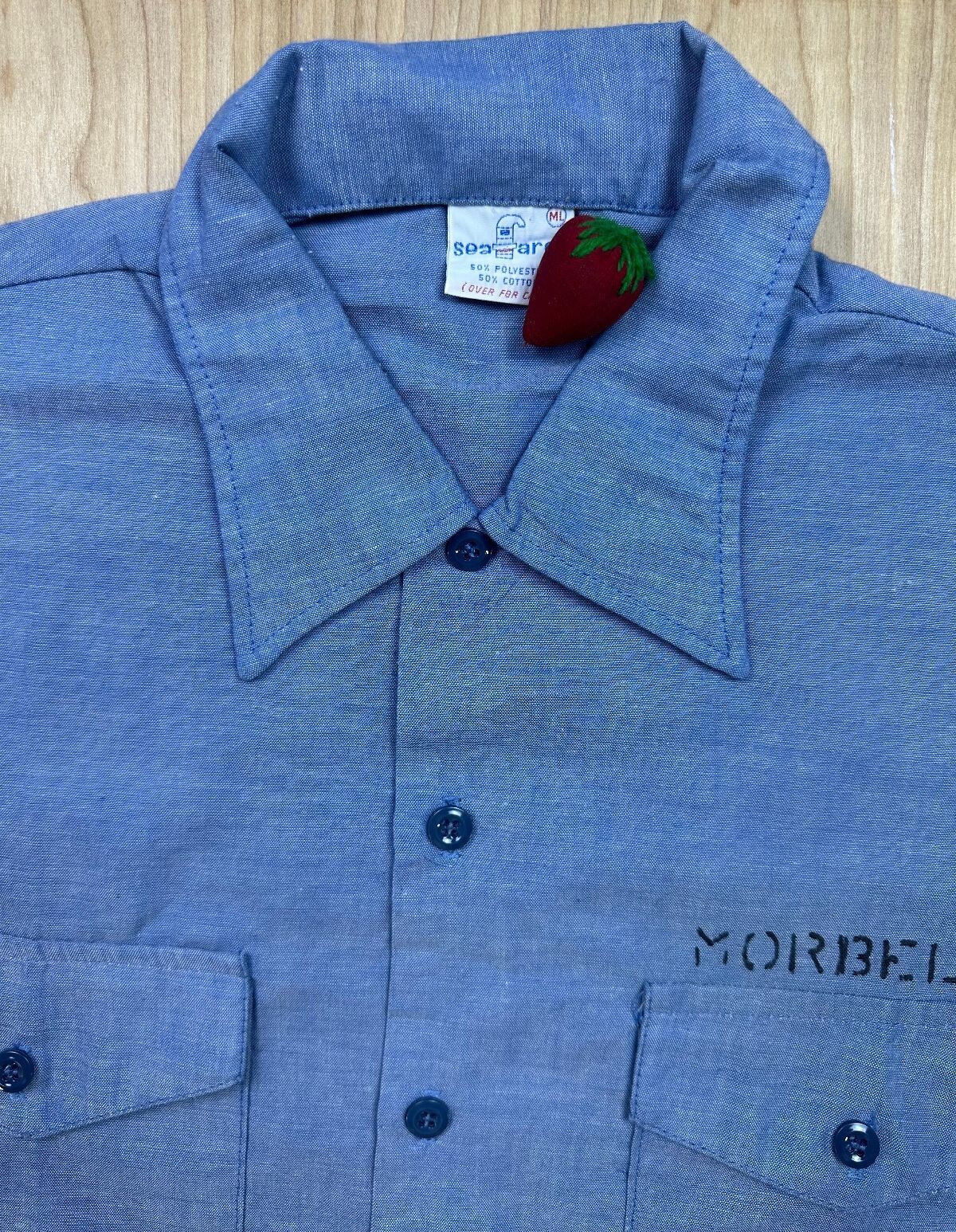 Vintage 70s Seafarer Chambray US. navy button up short sleeve stencil military