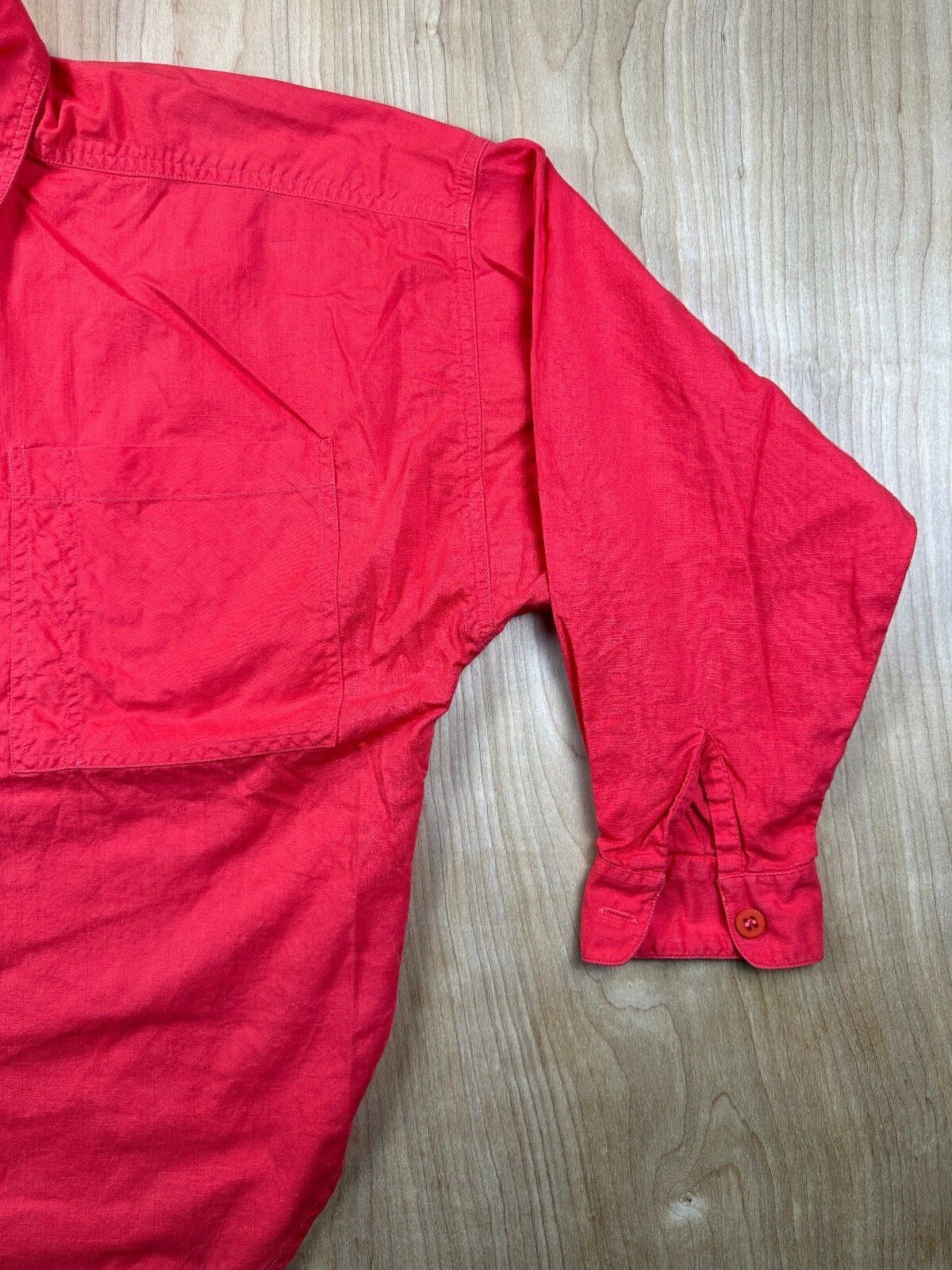Vintage 80s Red Button up shirt pencil slot pocket curved hem 100% cotton bright