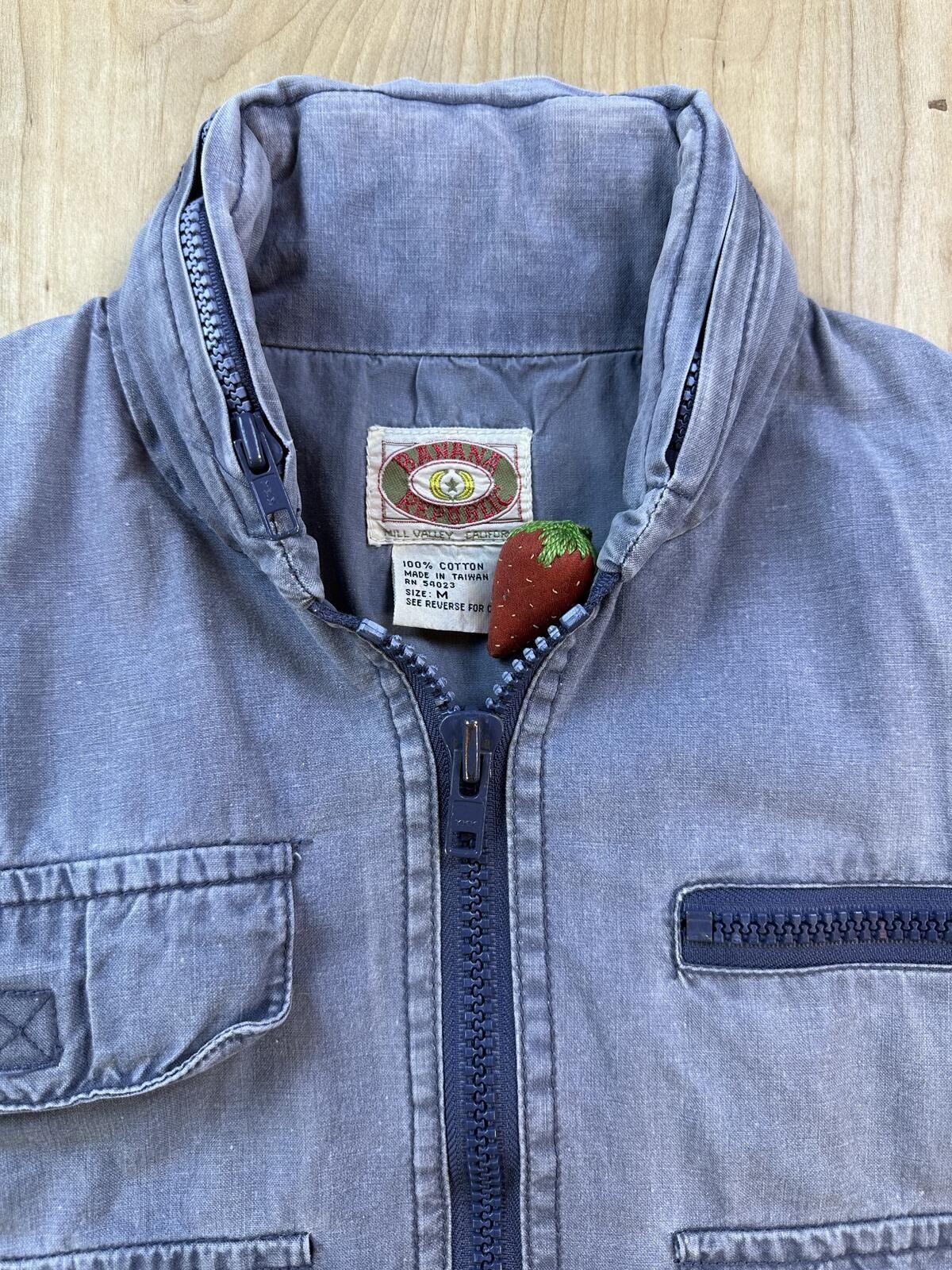 Vintage 80s Banana Republic Safari Vest medium blue cotton hood Blue faded sport
