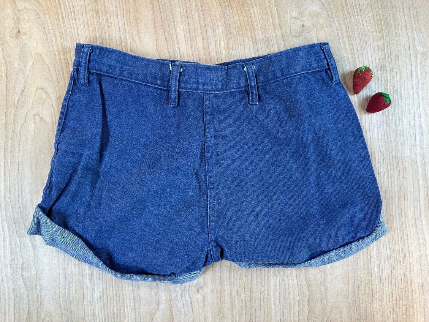 Vintage 70s Denim Shorts 100% cotton booty folded hem 2" inseam dark rinse