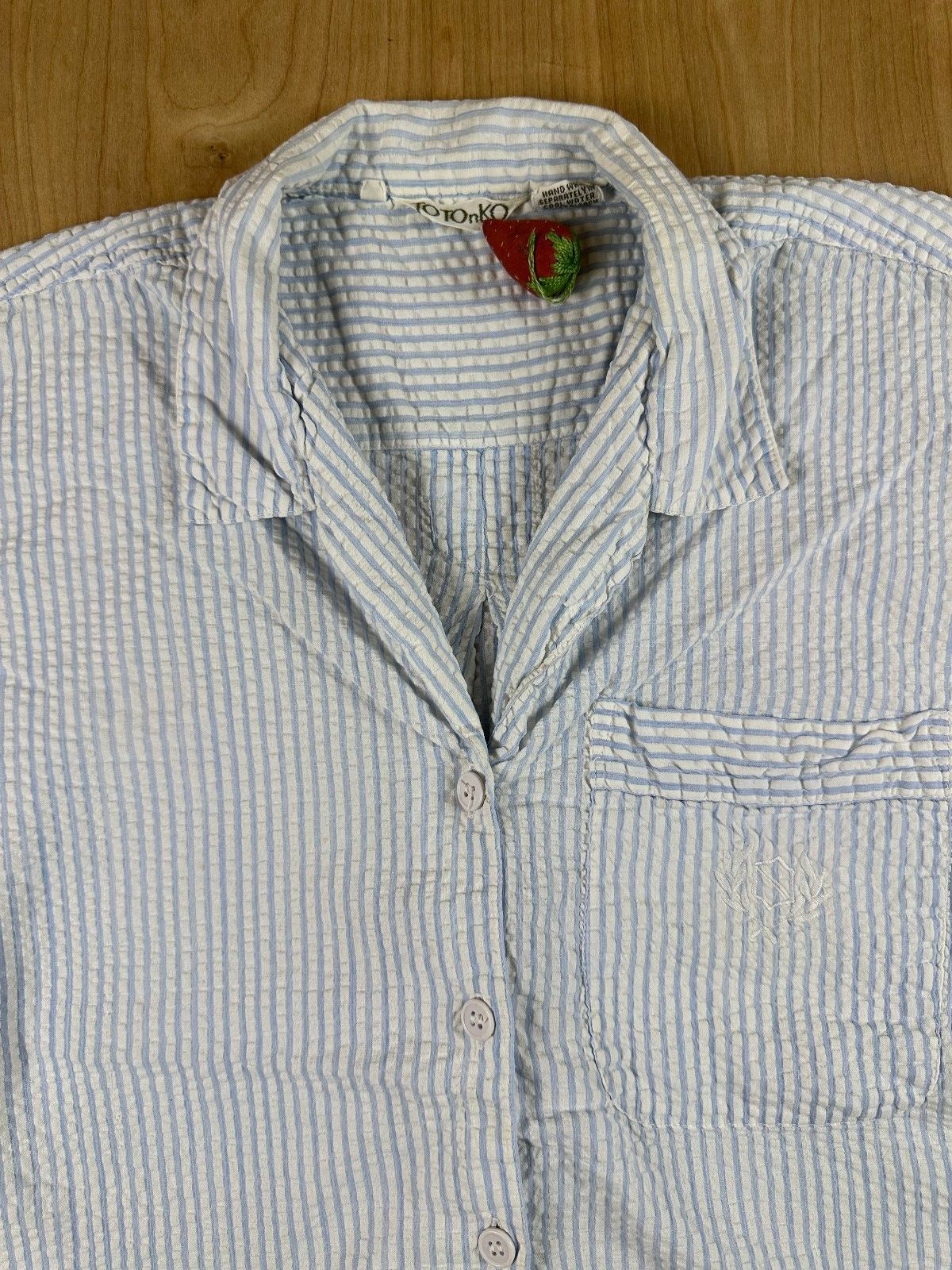 Vintage 80s Totonko Seersucker button up shirt short sleeve cotton india striped