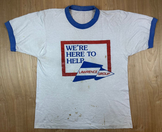 Vintage 80s We're Here to Help tshirt Lawrence Group single stitch ringer patina