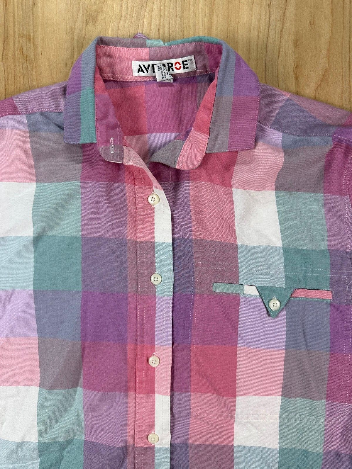 Vintage 80s Averroe button up shirt medium plaid pastel unique
