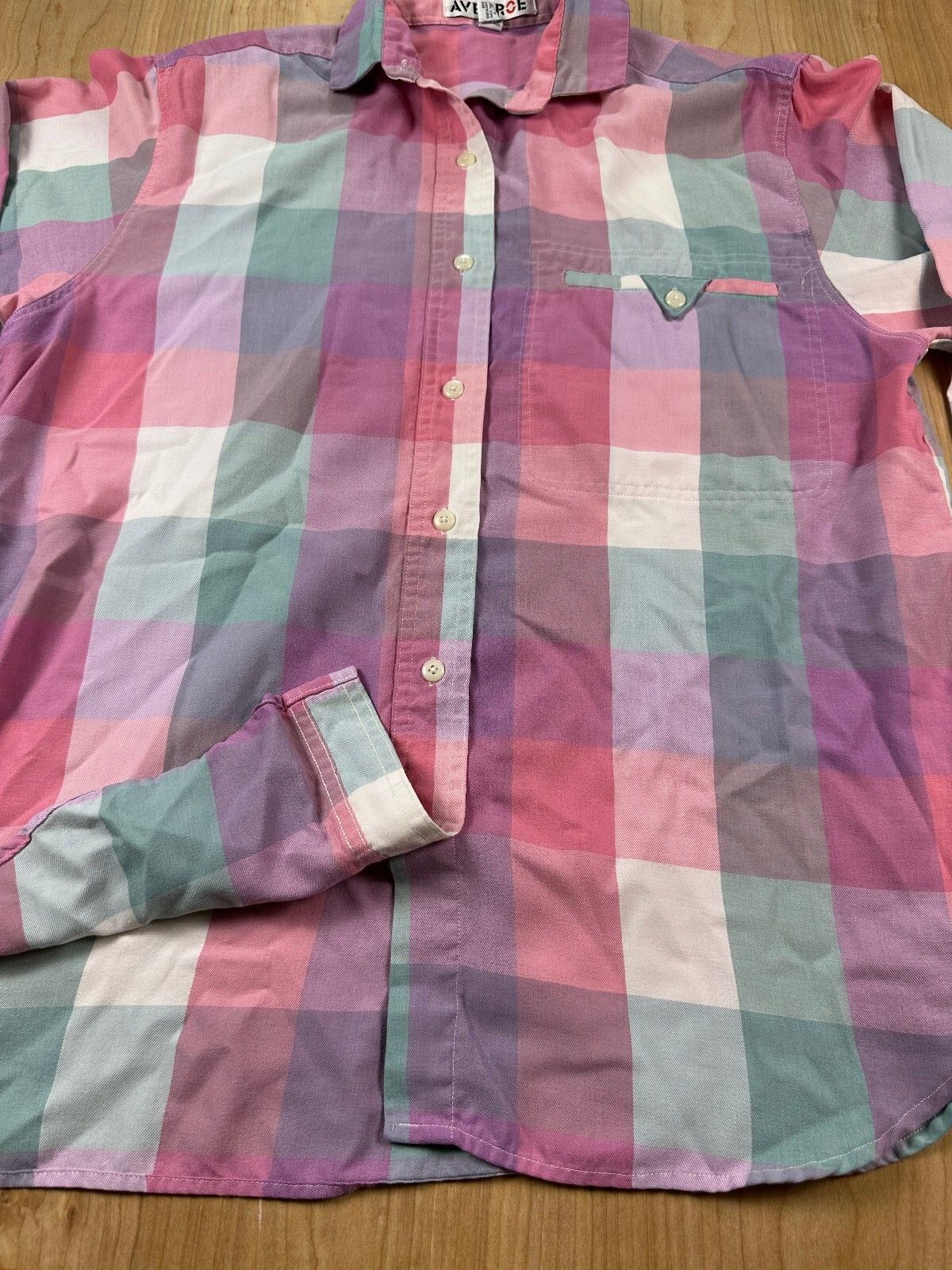 Vintage 80s Averroe button up shirt medium plaid pastel unique