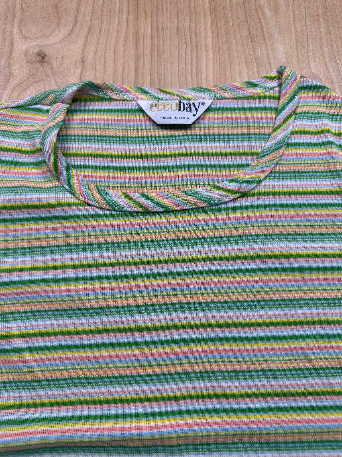 Vintage 70s EccoBay striped knit top ribbed medium cap sleeve baby tee summer