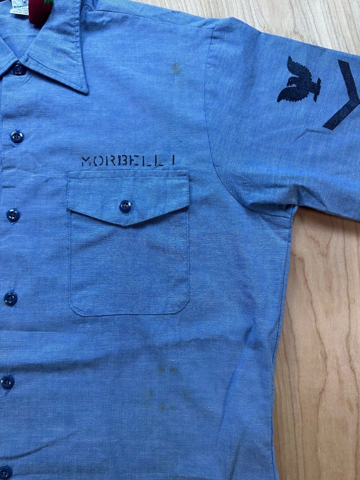 Vintage 70s Seafarer Chambray US. navy button up short sleeve stencil military
