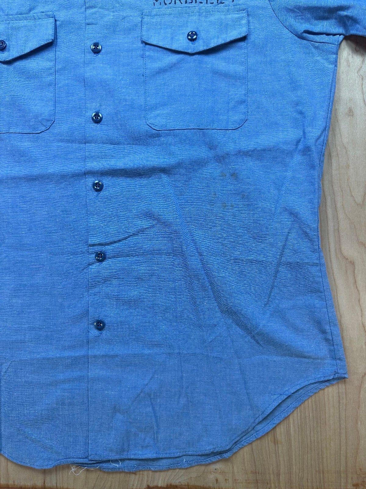 Vintage 70s Seafarer Chambray US. navy button up short sleeve stencil military