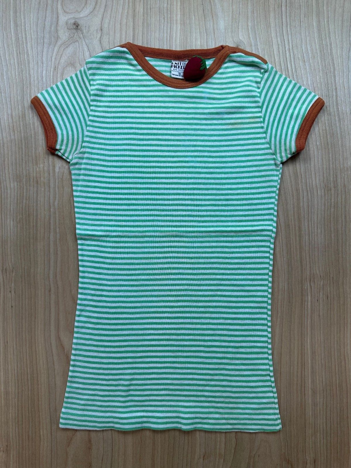 Vintage 70s Knit Pickers Striped Ribbed Knit top sm contrast binding cap sleeve