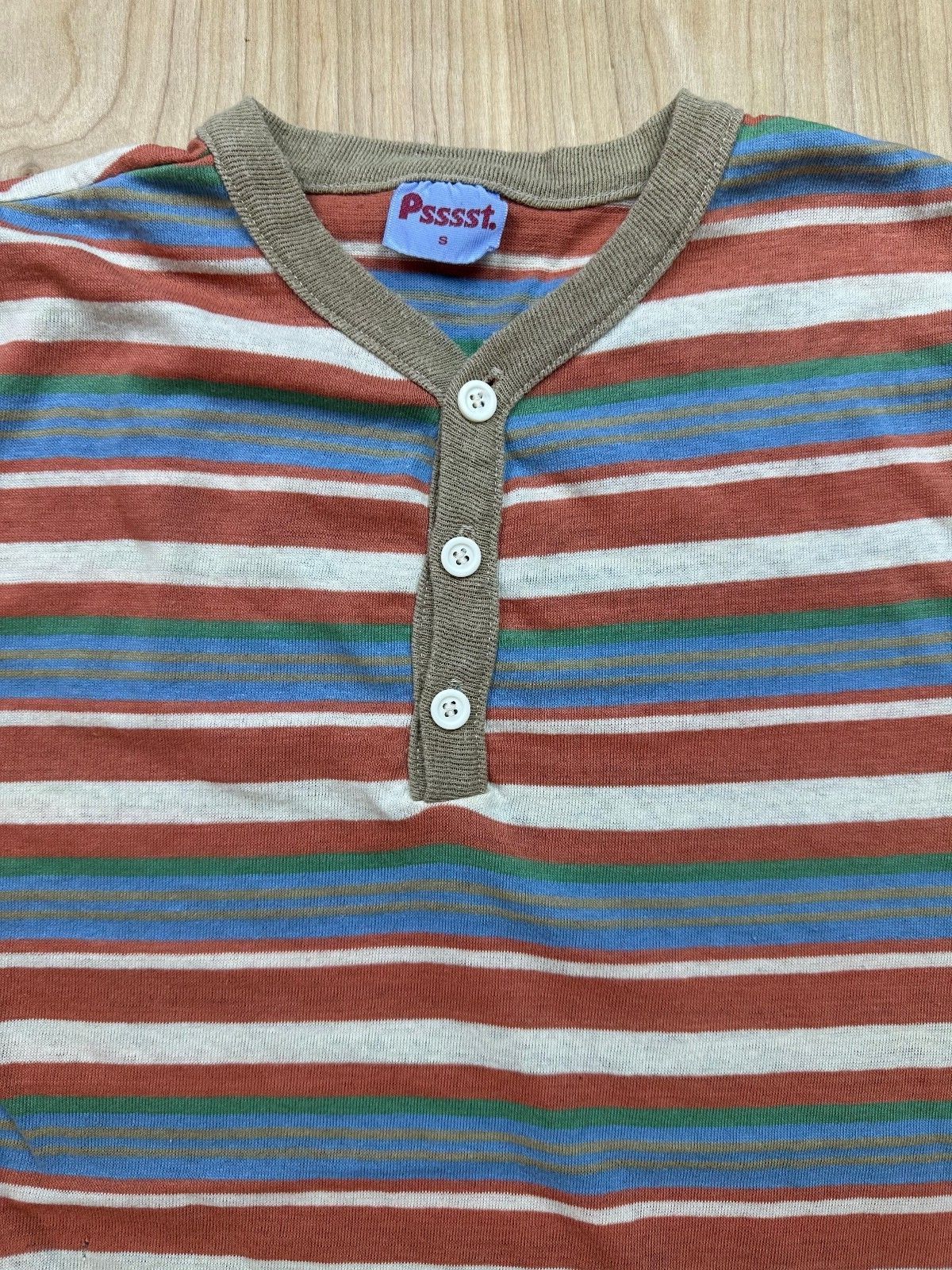 Vintage 70s Psssst Striped knit top Single Stitch Ribbed henley contrast binding