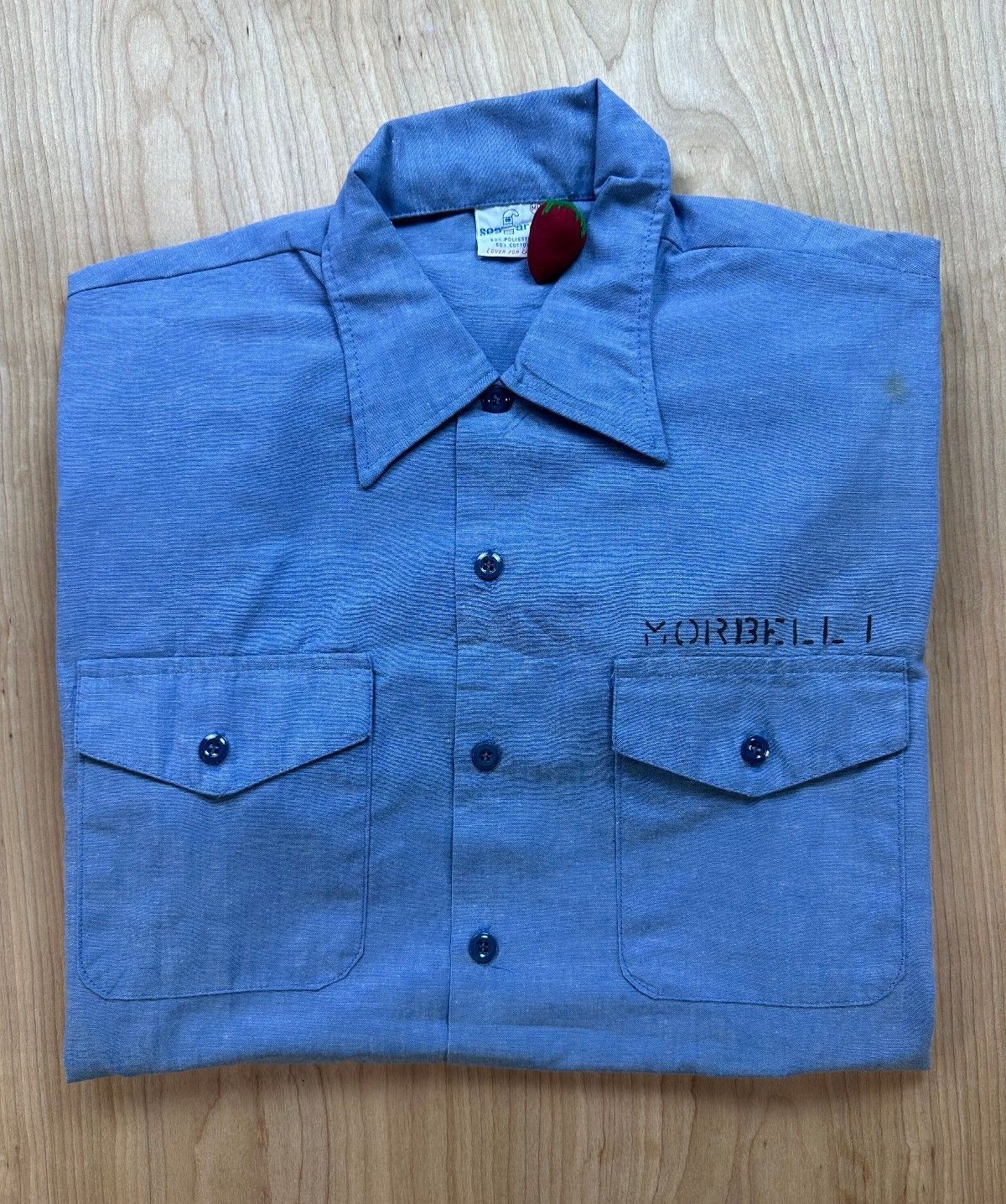 Vintage 70s Seafarer Chambray US. navy button up short sleeve stencil military
