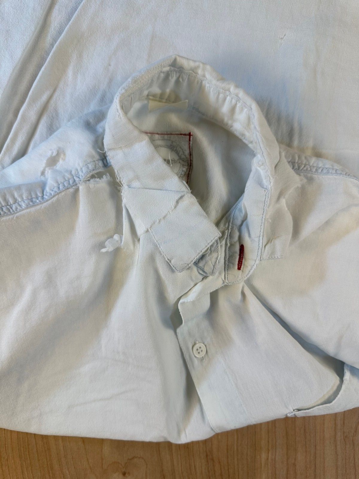 Vintage 90s Rescue Chambray button shirt small shredded summer workwear cotton