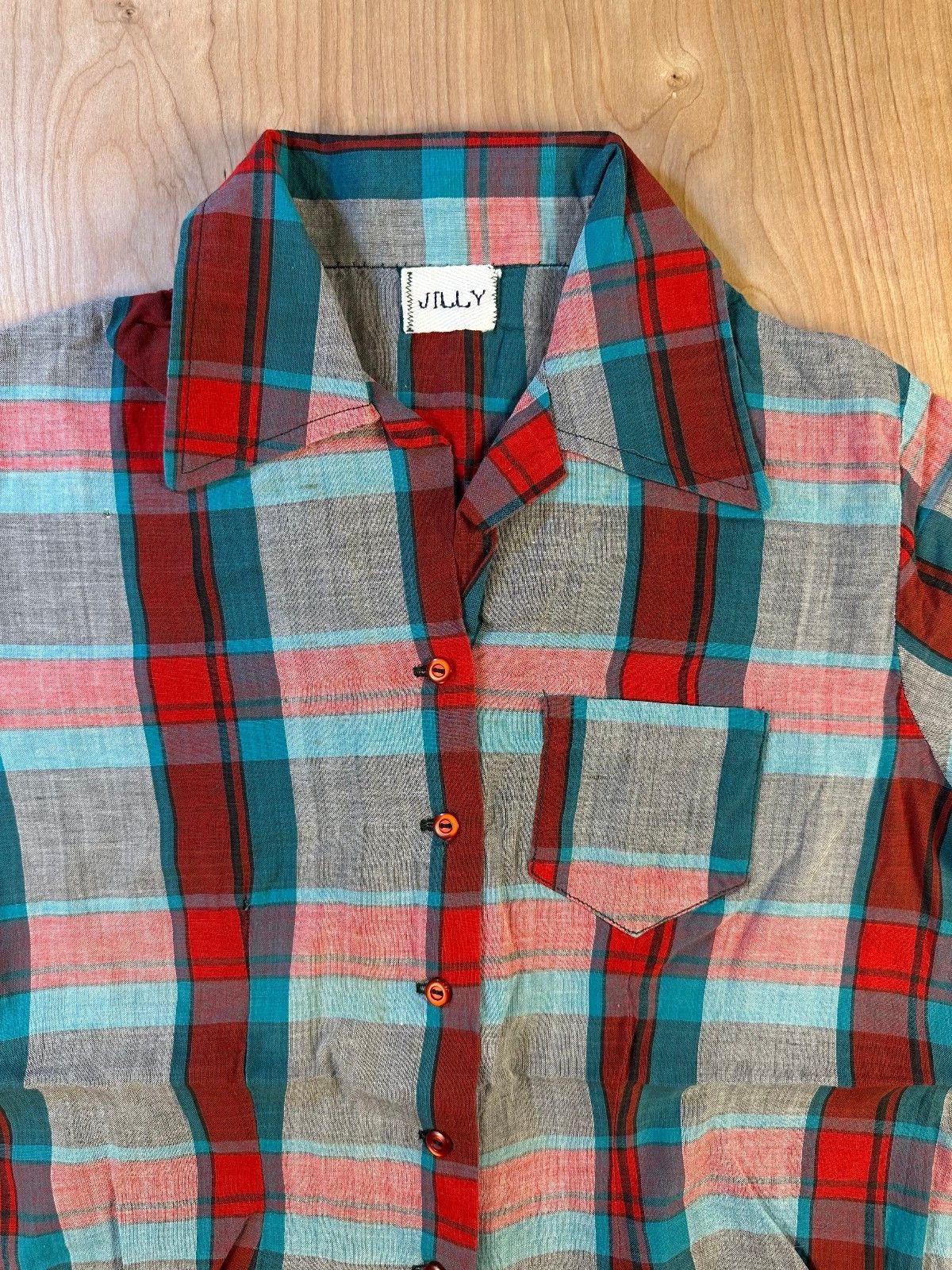 Vintage 70s Jilly button up shirt camp collar plaid short sleeve small