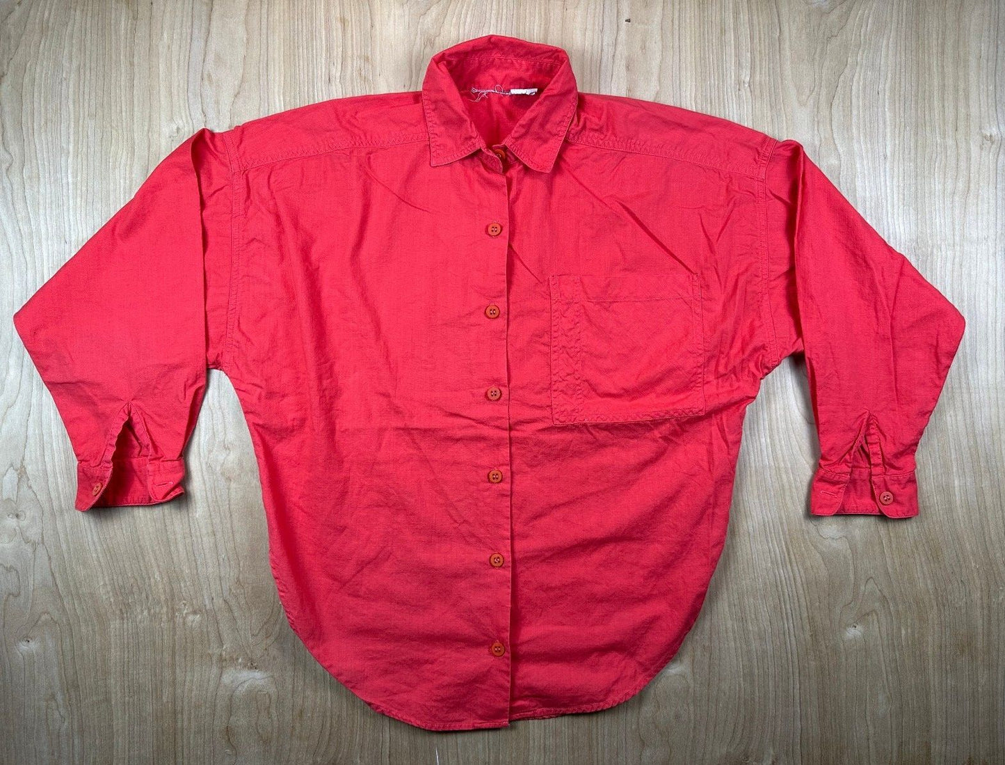 Vintage 80s Red Button up shirt pencil slot pocket curved hem 100% cotton bright
