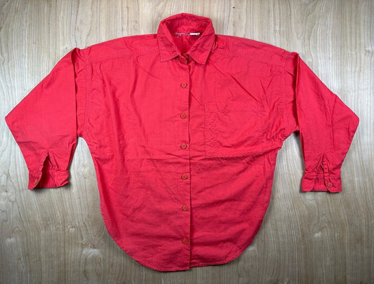 Vintage 80s Red Button up shirt pencil slot pocket curved hem 100% cotton bright