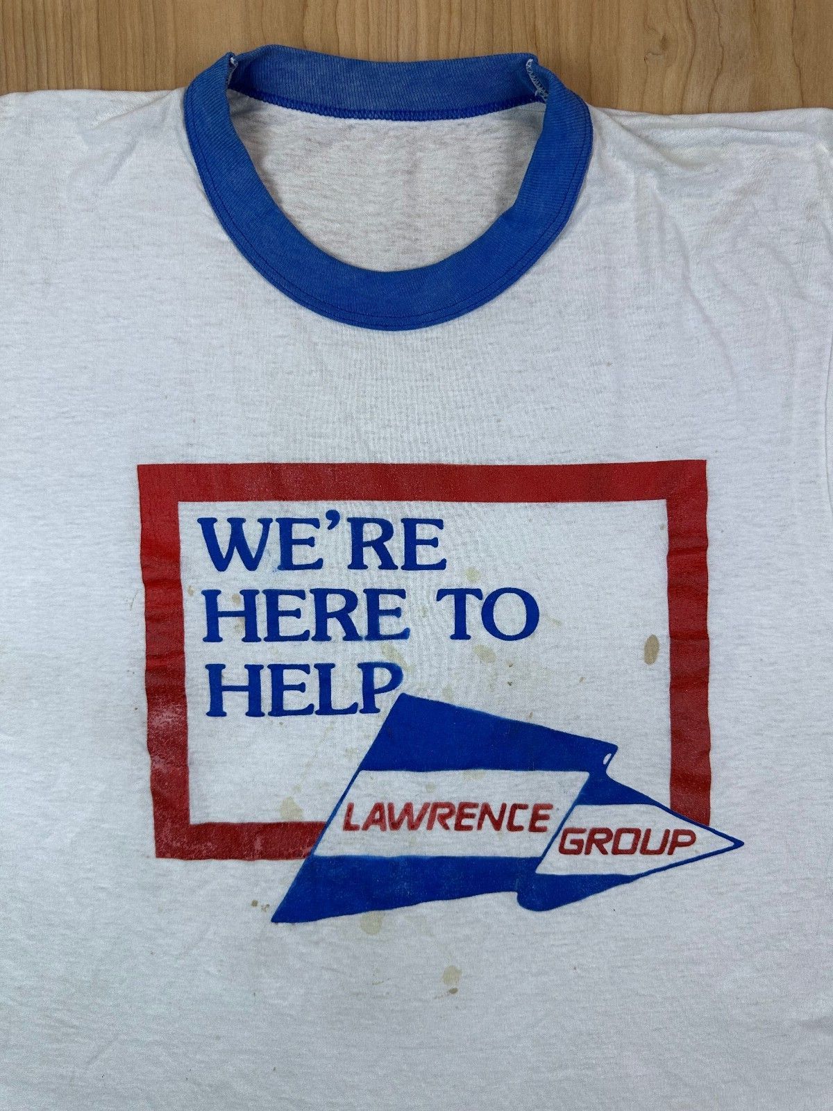 Vintage 80s We're Here to Help tshirt Lawrence Group single stitch ringer patina