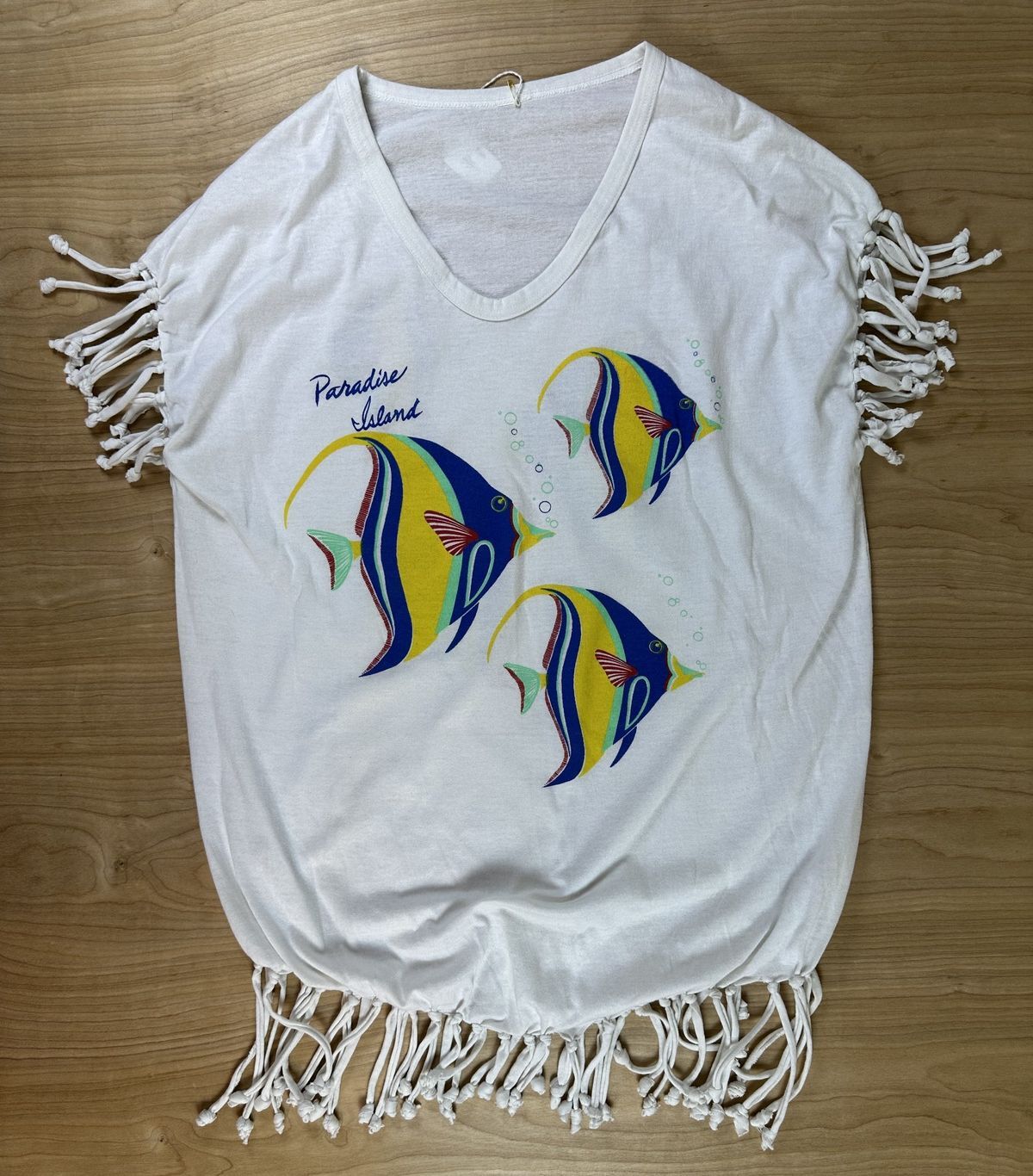 Vintage 80s Paradise Island Fringe tshirt coverup vacation beach tropical