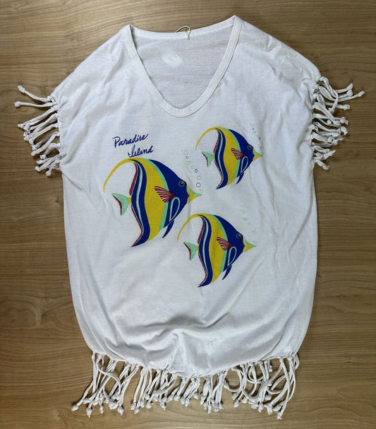 Vintage 80s Paradise Island Fringe tshirt coverup vacation beach tropical