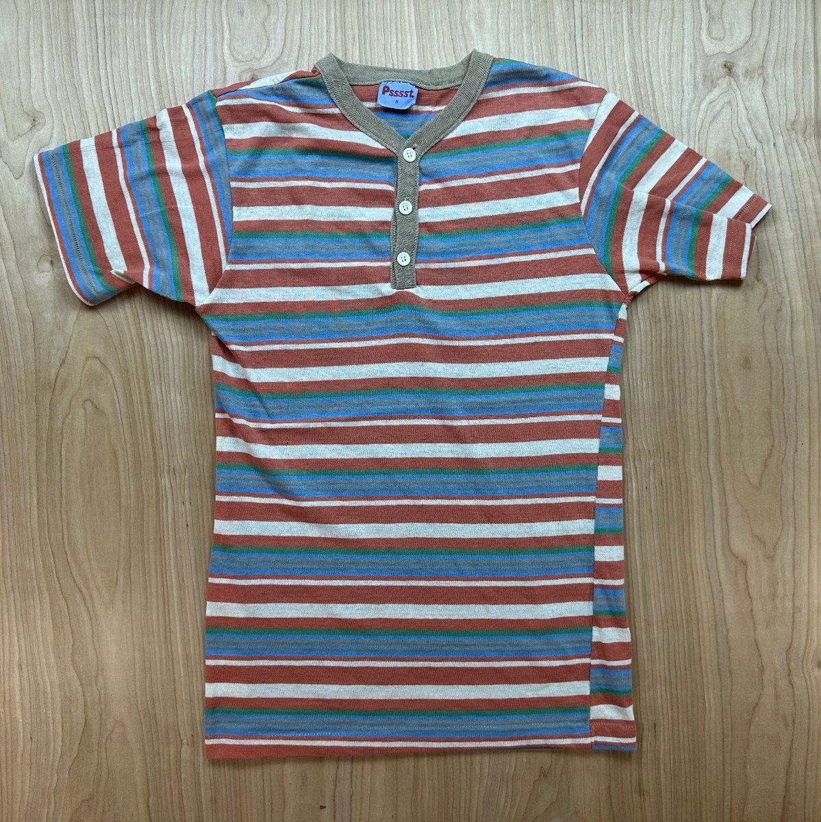 Vintage 70s Psssst Striped knit top Single Stitch Ribbed henley contrast binding