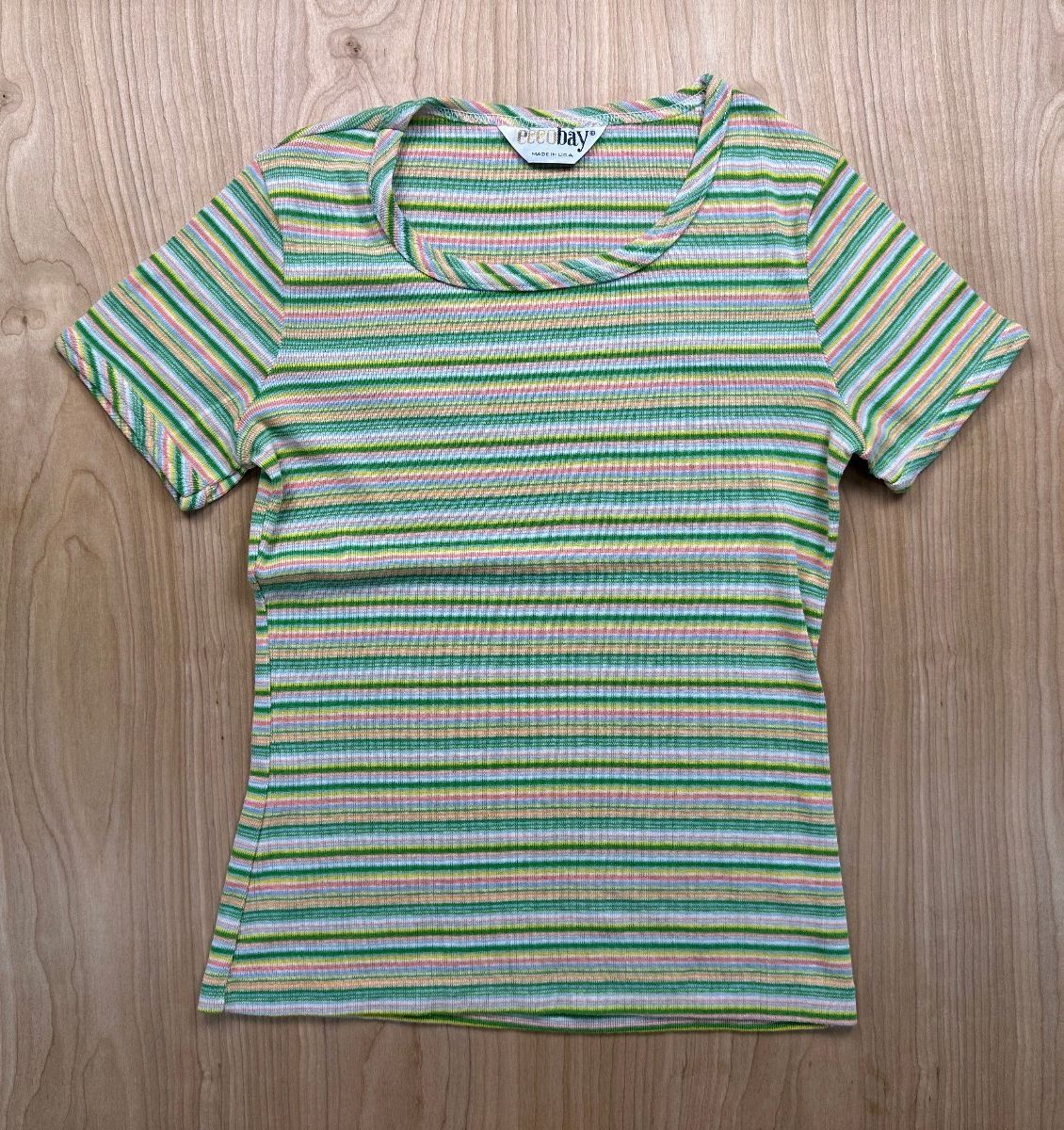 Vintage 70s EccoBay striped knit top ribbed medium cap sleeve baby tee summer