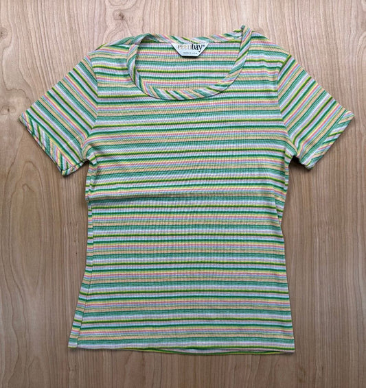 Vintage 70s EccoBay striped knit top ribbed medium cap sleeve baby tee summer