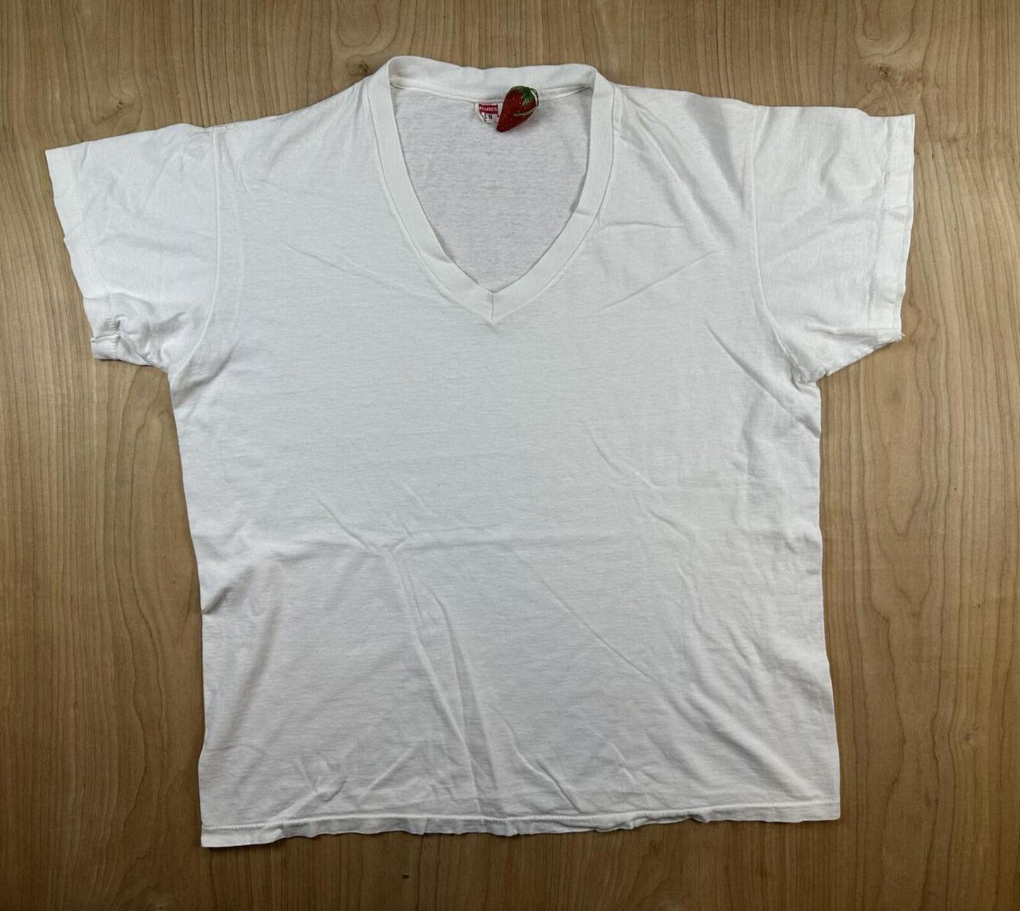 Vintage 80s Hanes tshirt Single Stitch v neck large white 100% cotton made usa