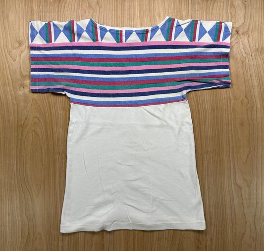 Vintage 70s Duet Knit Top medium 100% cotton striped geometric colorful boatneck