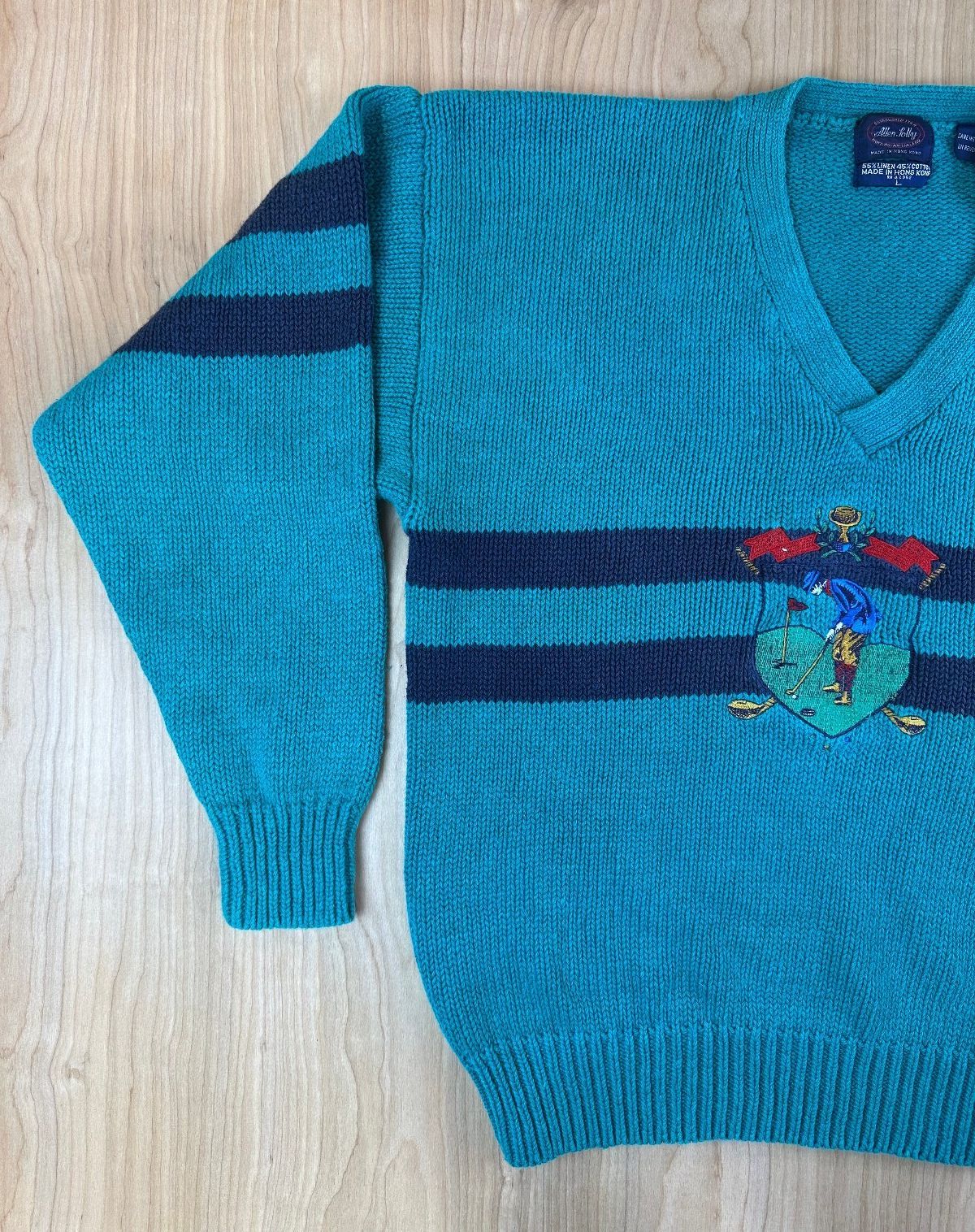 Vintage 80s Allen Solly Knit Sweater linen cotton golf embroidery vneck preppy