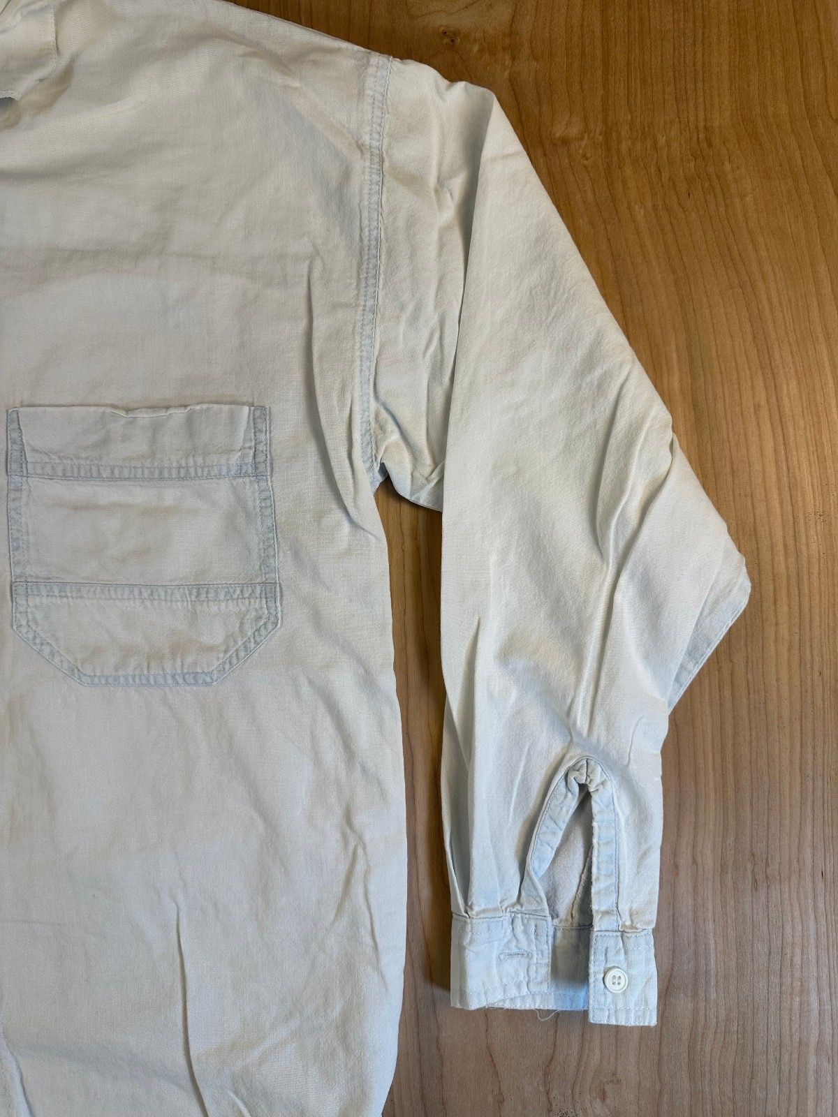 Vintage 90s Rescue Chambray button shirt small shredded summer workwear cotton