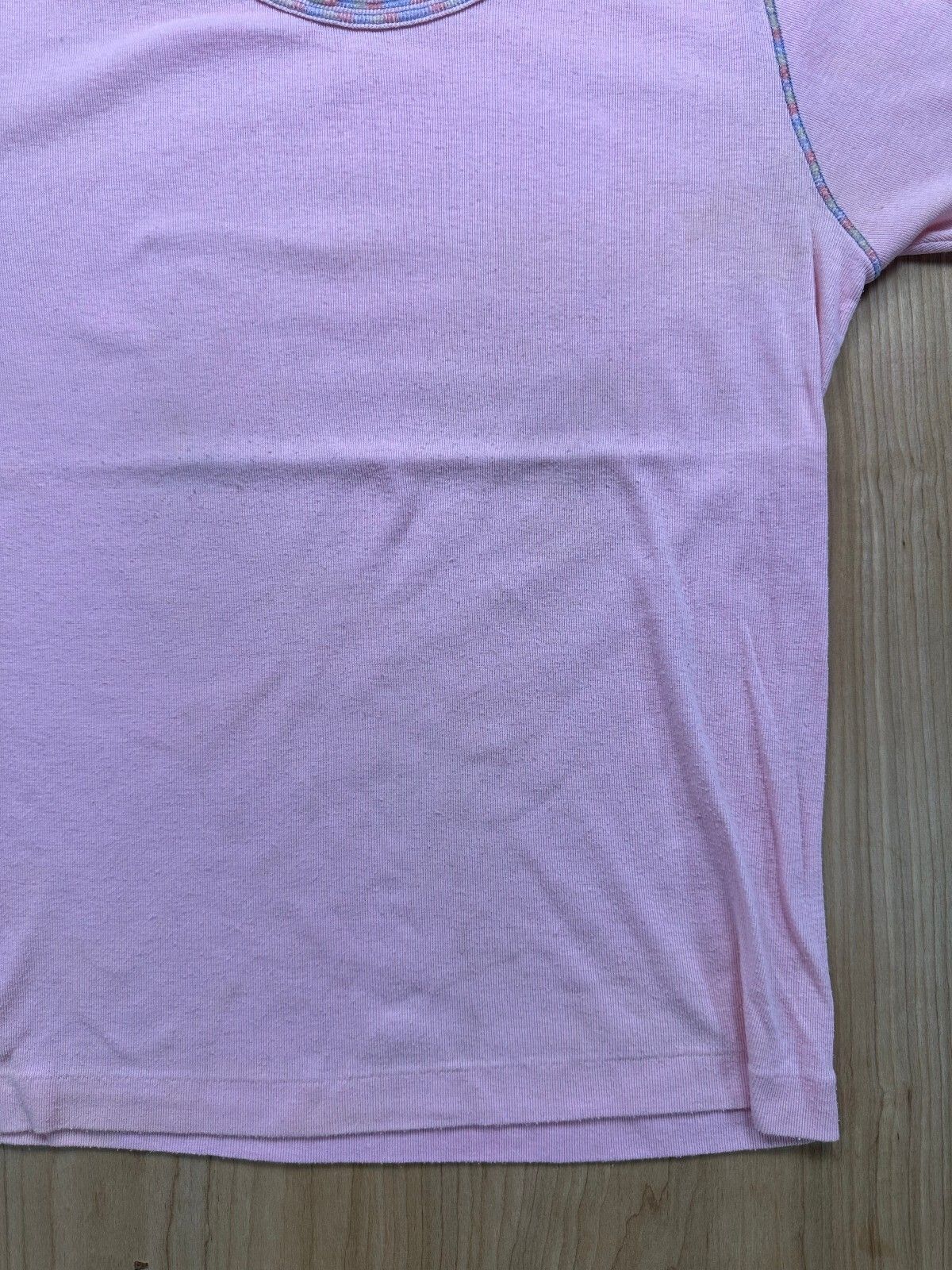 Vintage 70s Knit top contrast stitching small baby t scoopneck pink ribbed girly