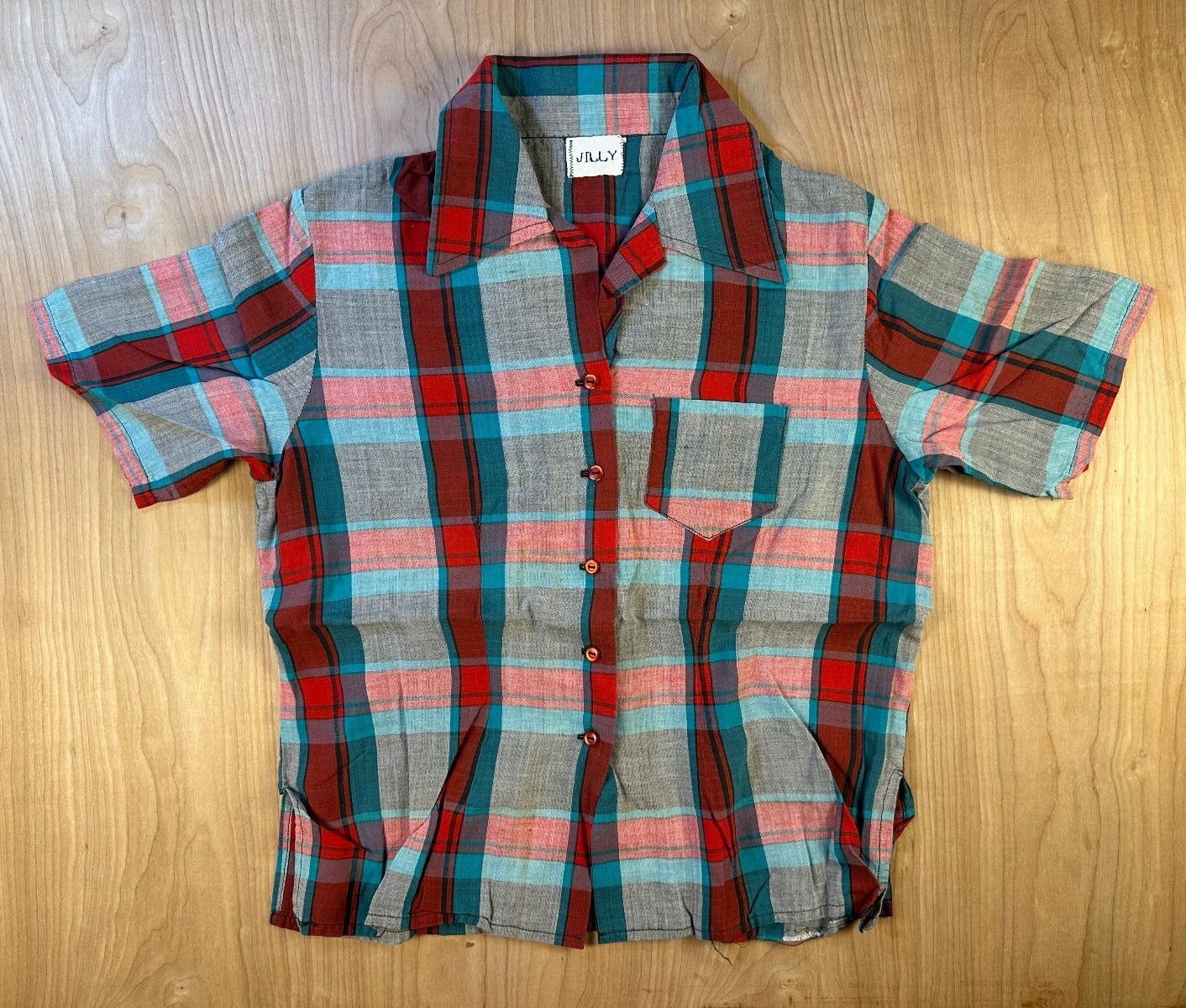 Vintage 70s Jilly button up shirt camp collar plaid short sleeve small