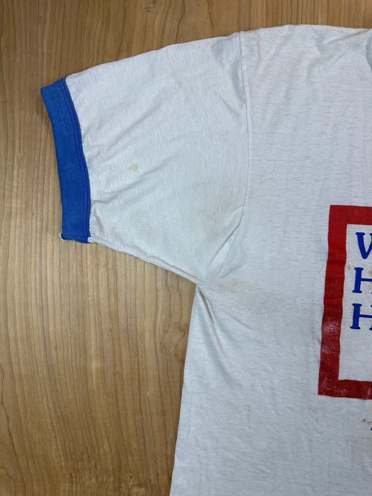Vintage 80s We're Here to Help tshirt Lawrence Group single stitch ringer patina