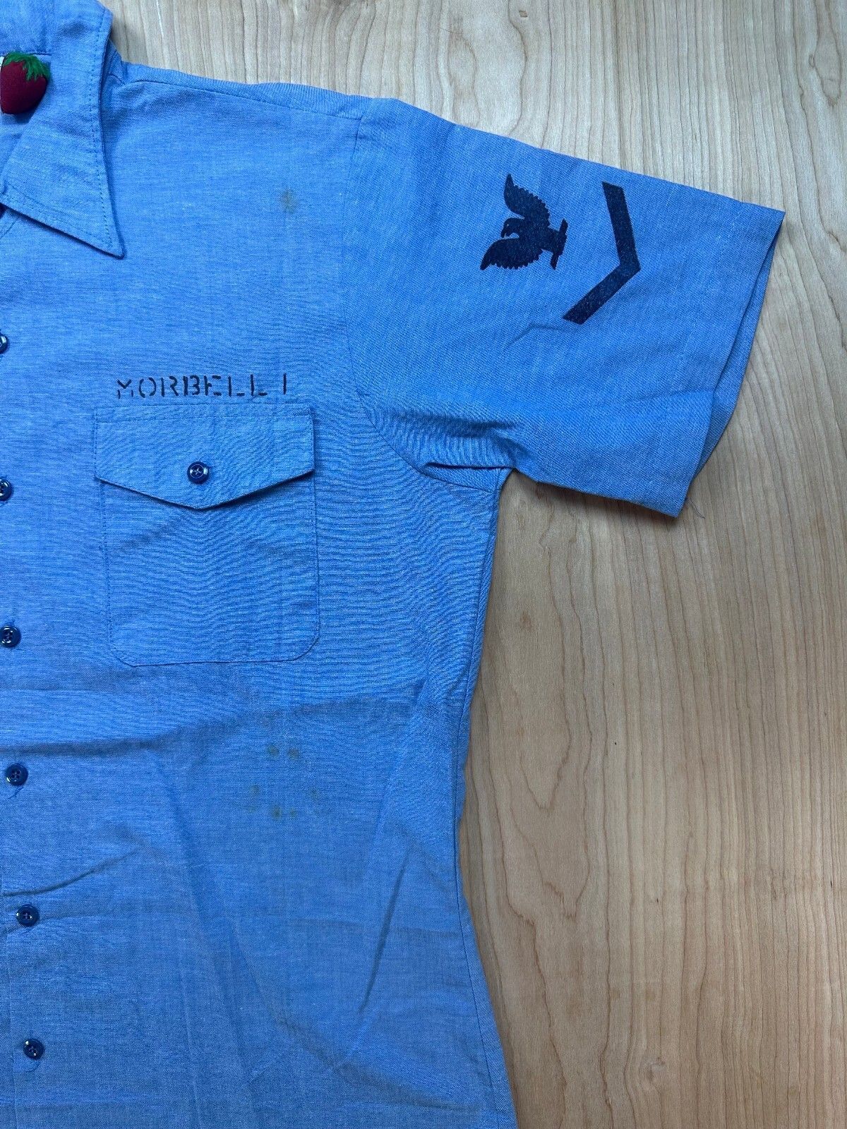 Vintage 70s Seafarer Chambray US. navy button up short sleeve stencil military