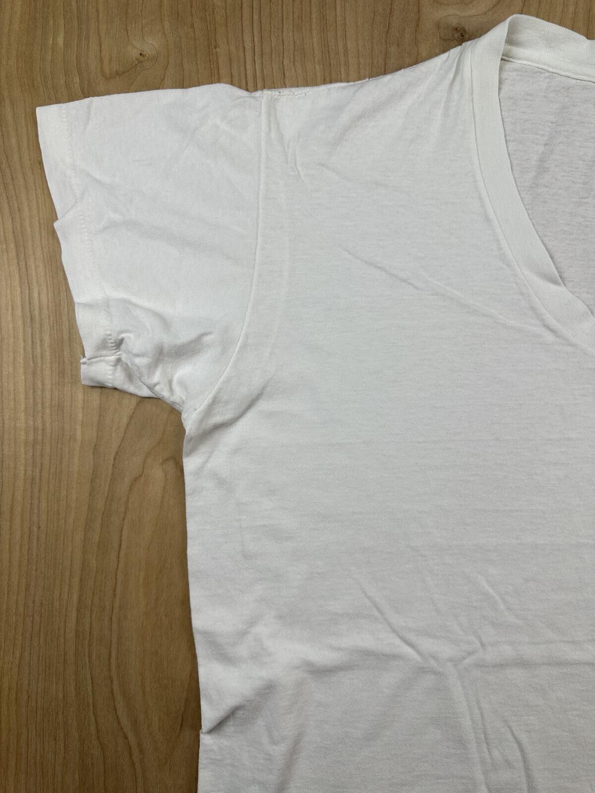 Vintage 80s Hanes tshirt Single Stitch v neck large white 100% cotton made usa