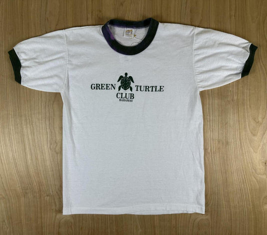 Vintage 80s Green Turtle Club RInger Tshirt single stitch usa bahamas medium