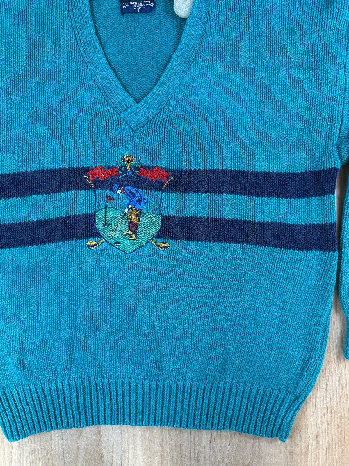 Vintage 80s Allen Solly Knit Sweater linen cotton golf embroidery vneck preppy