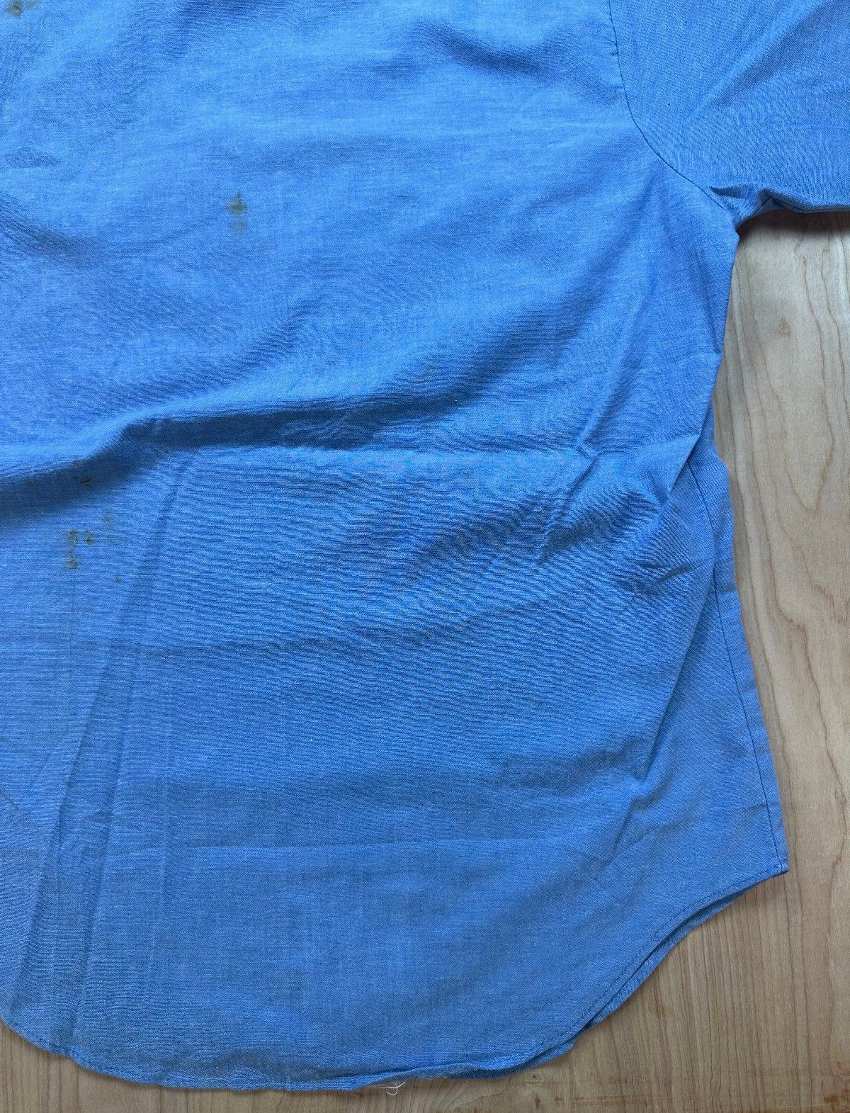 Vintage 70s Seafarer Chambray US. navy button up short sleeve stencil military