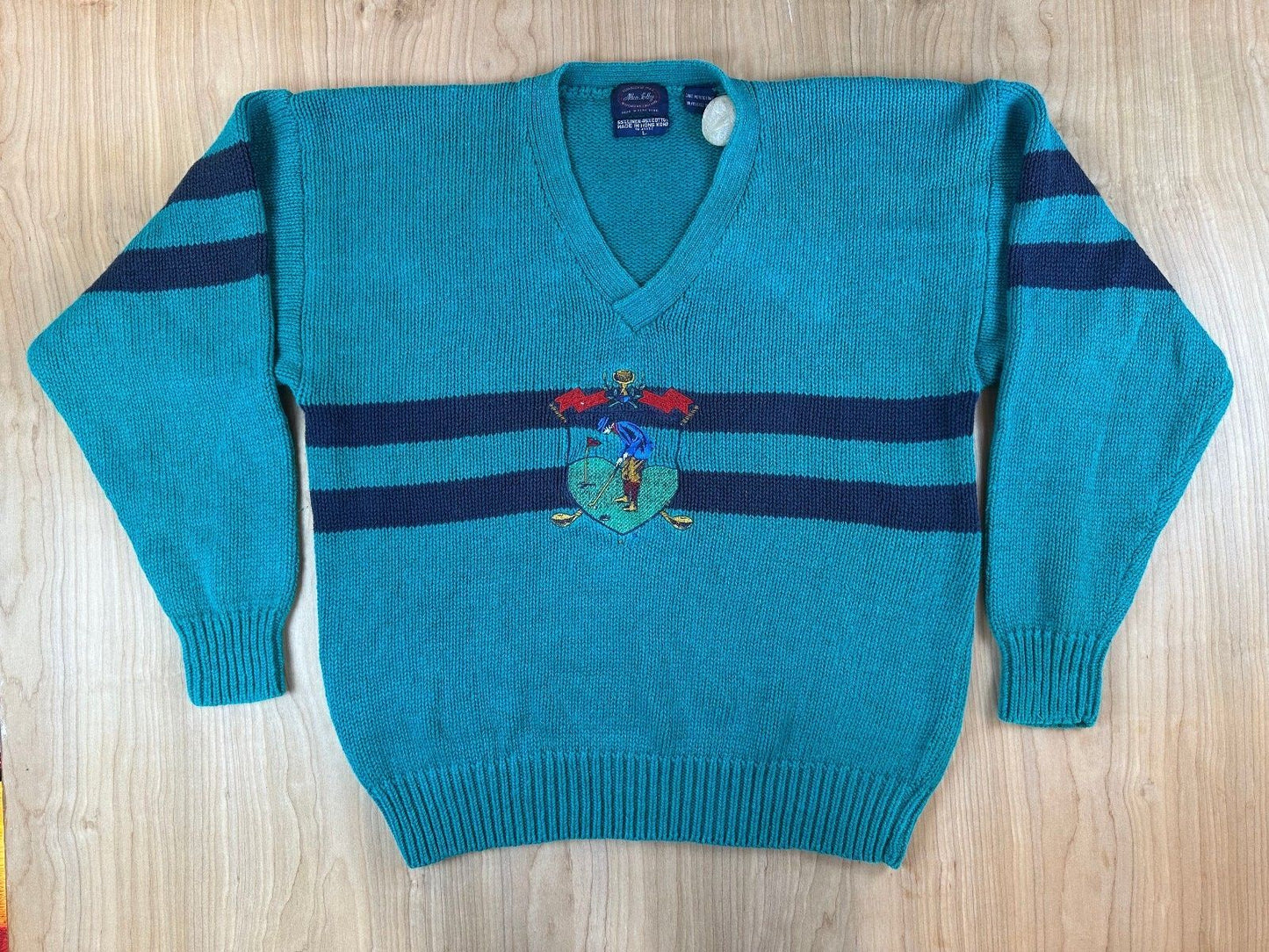 Vintage 80s Allen Solly Knit Sweater linen cotton golf embroidery vneck preppy