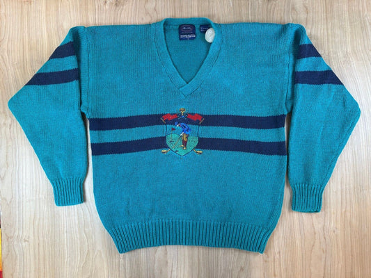 Vintage 80s Allen Solly Knit Sweater linen cotton golf embroidery vneck preppy