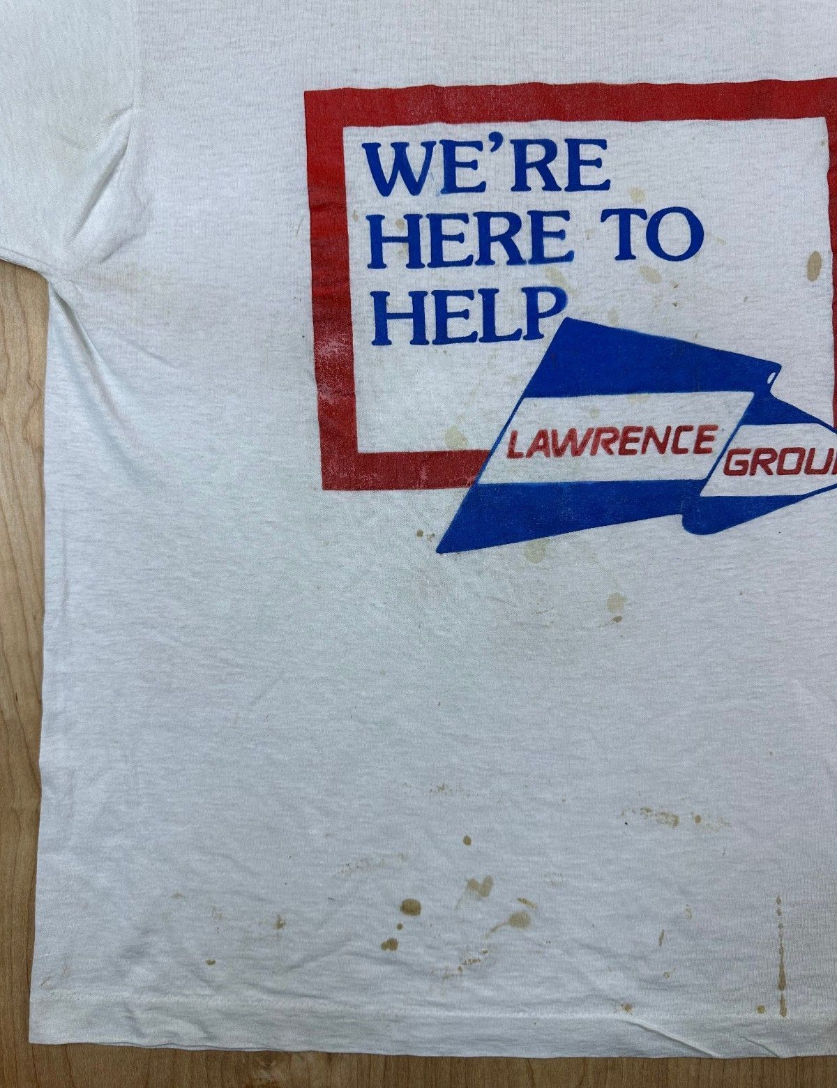 Vintage 80s We're Here to Help tshirt Lawrence Group single stitch ringer patina