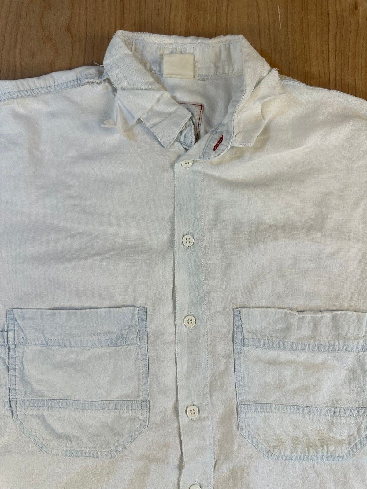 Vintage 90s Rescue Chambray button shirt small shredded summer workwear cotton