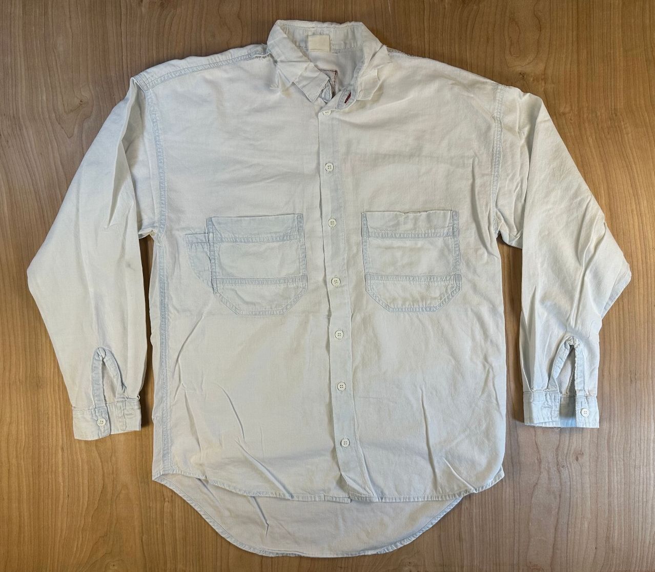 Vintage 90s Rescue Chambray button shirt small shredded summer workwear cotton