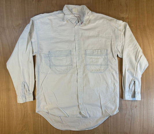 Vintage 90s Rescue Chambray button shirt small shredded summer workwear cotton