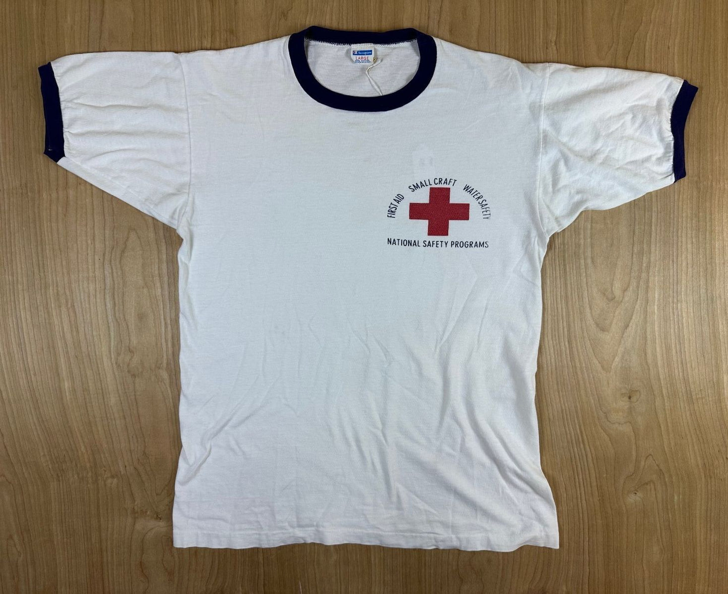 Vintage 80s Champion First Aid Ringer tshirt Single Stitch 100% cotton made usa